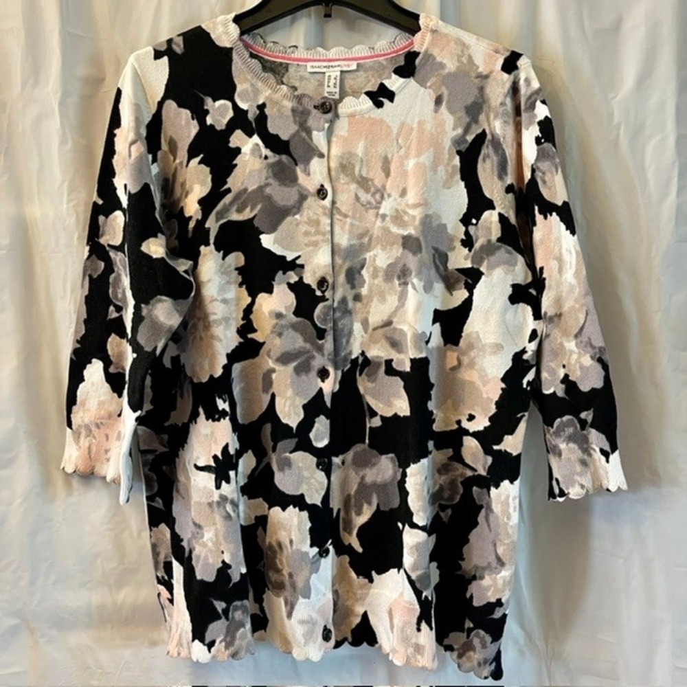 Isaac Mizrahi Live Watercolor Floral Button Cardigan Black Pink Scalloped Sz L